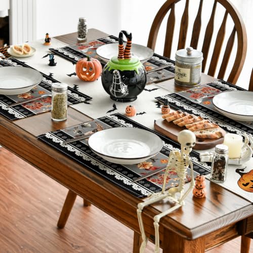 Black Floral Halloween Placemats Set of 4 - 12 x 18 Inch Rectangular