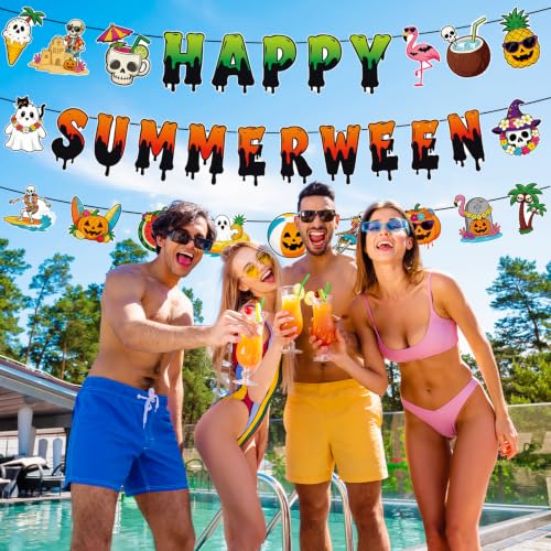 Summerween Banner - Spooky Summer Halloween Garland for Pool & Beach Parties - 3 Pack