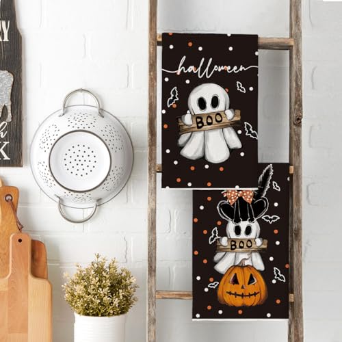 Black Cat Ghost Halloween Kitchen Towels Set of 2 18x26 Inch - Artoid Mode