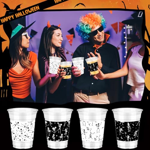 Halloween Skeleton Plastic Cups 12 oz - 100 Pack, Black & White Variation