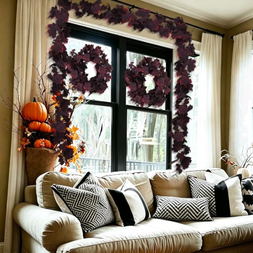 Artificial Autumn Maple Garland - Wine Red Fall Hanging Vine, 2 Pack