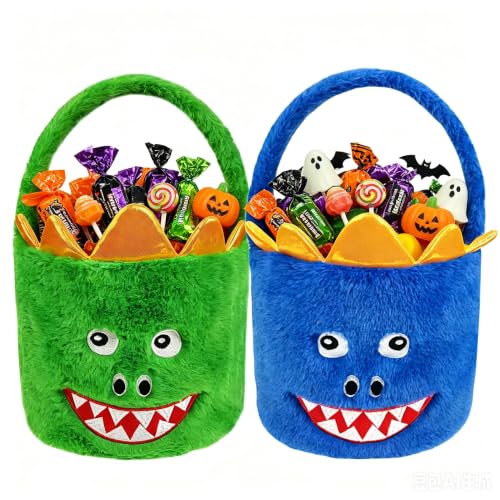 Green & Blue Dinosaur Plush Halloween Trick or Treat Basket - 8 Inch Dia, 15.7 Inch Tall, Kids Gift & Party Decor