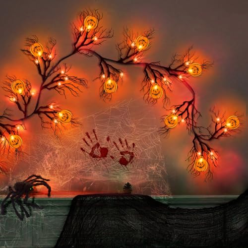 6 Ft LED Halloween Willow Vine Garland with Pumpkin Lights - Waterproof & Timer