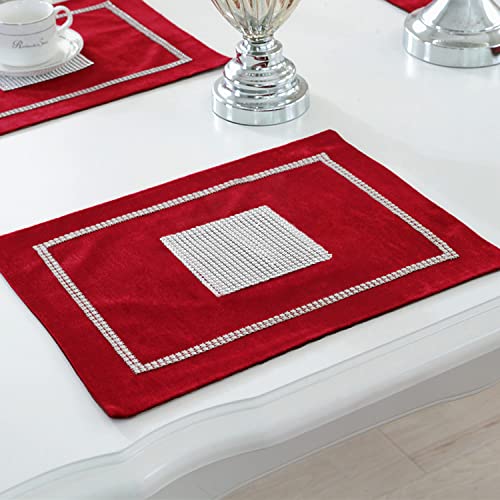 Set of 4 Red Elegant Placemats with Rhinestone Strip for Christmas Dinner Table