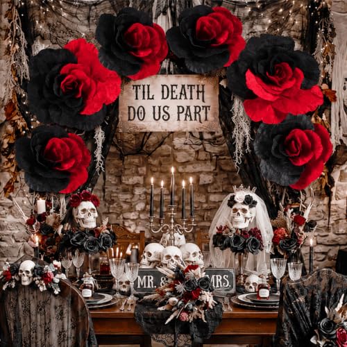 Giant Black and Red Artificial Flowers Roses Velvet Halloween Decor Set - 6 Pieces