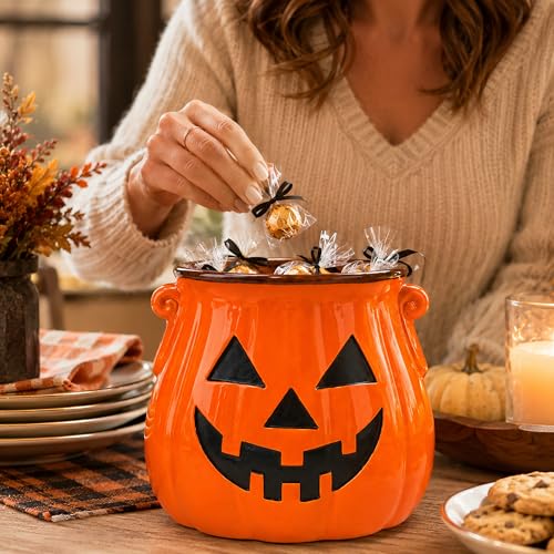 Halloween Ceramic Pumpkin Utensil Holder for Kitchen, Orange Candy Crock