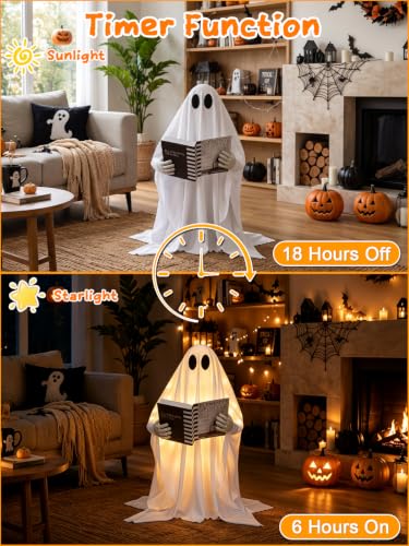Standing Reading Ghost Halloween Decoration with Lights - 80cm Whimsical Ghost with Book & 8 Lighting Modes - Battery Operated, Weighted Base, Remote Control