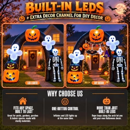 8FT Halloween Inflatable Archway with Ghosts Pumpkins & LED Lights - Yard Decor
