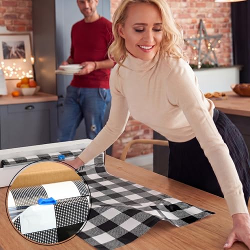 Black Gingham Disposable Tablecloth Roll - 54 x 100 ft with Cutter for Parties