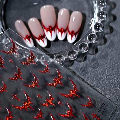 Halloween Nail Stickers Set with 3D Red Bat Glitter Decals for Nail Art