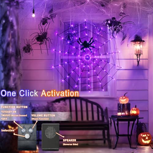 Vanthylit Halloween Spider Web Lights with Motion Sensor & Music - Purple & Orange 4FT 84LED Indoor Outdoor Decor