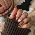Press-On Nails Halloween Brown French Tip Style 23 - Ghost Bat Flower Design, Medium Length, Glossy Fake Nails, 24 Pcs