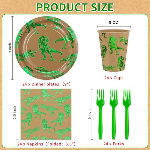 Green Foil Dinosaur Disposable Party Tableware Set for Kids Birthday, Serves 24