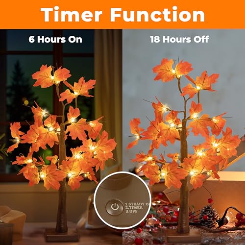 2-Pack 24-Inch Lighted Fall Maple Trees for Thanksgiving & Holiday Decor
