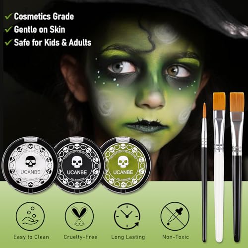 Kids & Adults Halloween Face Paint Set with Brushes - Black White Ogre Green Variation