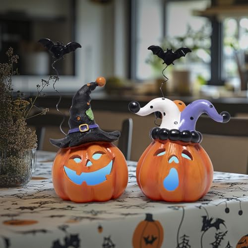 Halloween Pumpkin Decor Set with Light - Resin Jack O Lantern Figurines for Home & Party