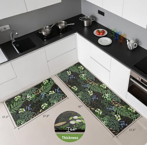 Petmolico 2Pcs Anti-Fatigue Kitchen Mats - Black & Green Plant Leaf Design, Non-Slip Cushioned Support