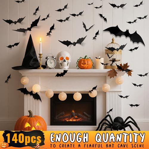 Halloween Bat Decorations Set - 140pcs Realistic PVC 3D Wall Stickers - 4 Sizes, Spooky Halloween Party Decor - Variation of THIS listing