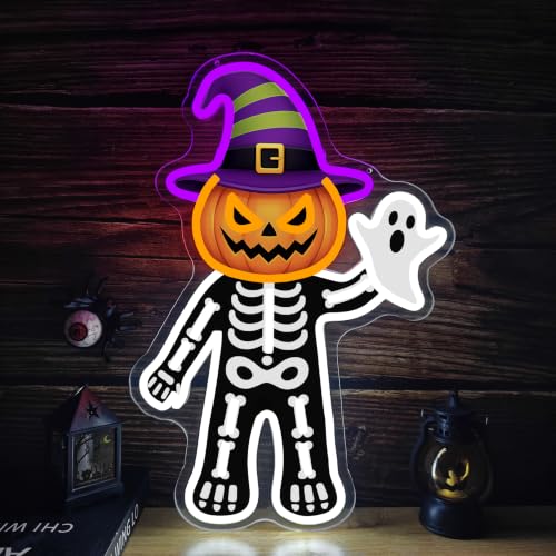 Pumpkin Skeleton Halloween Neon Sign - Ghost LED Wall Decor, Dimmable, USB Powered
