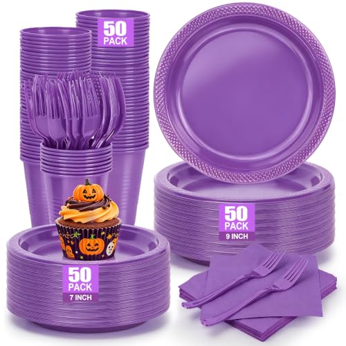 Purple Plastic Party Plates and Napkins Set for Birthday & Halloween - 50 Pack