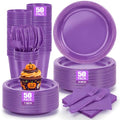 Purple Plastic Party Plates and Napkins Set for Birthday & Halloween - 50 Pack
