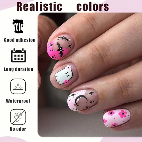 Halloween Ghost Press On Nails - Short Square Fake Nails with Bat & Ghost Design, 24 Pieces