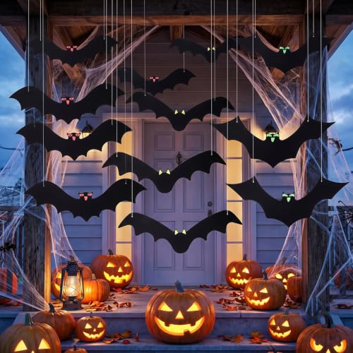 Black Halloween Hanging Bats Set - 3D Realistic Flying Bat Decorations for Yard & Indoor, 18pcs