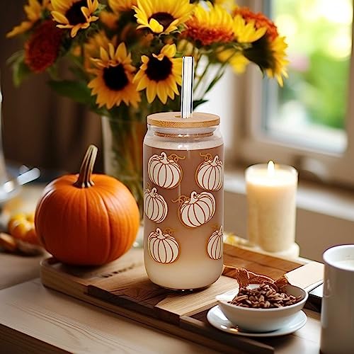 Pumpkin White Style Fall Coffee Mug Set - 18oz Iced Coffee Tumbler with Lid & Straw