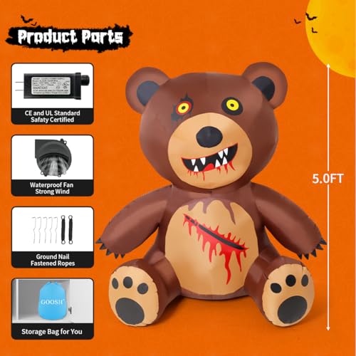 5FT Halloween Inflatable Bear Decoration Outdoor Yard Decor with LEDs and Safety Certified