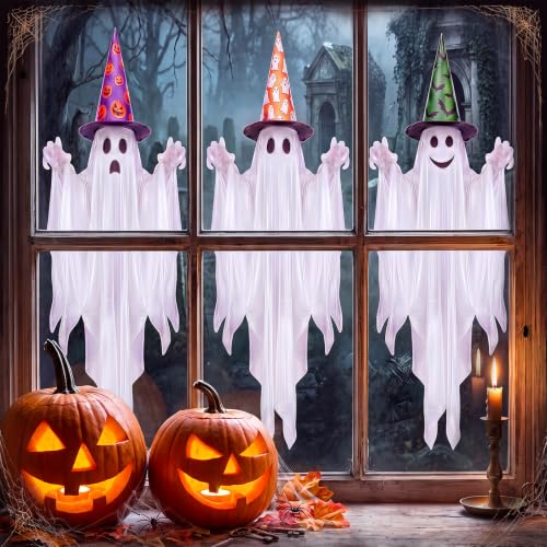 Halloween Ghost Window Clings Set - Large PVC Decals with Witch Hats, Bats & Pumpkins