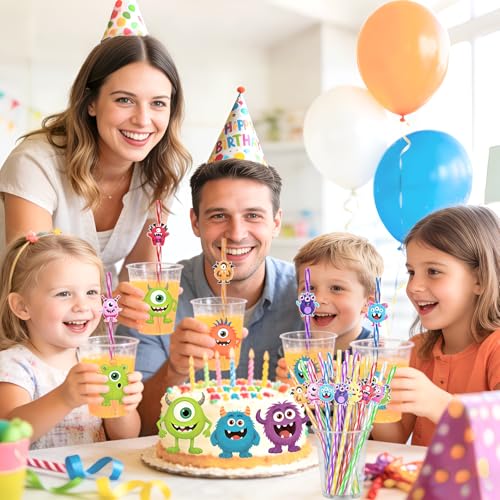 Reusable Monster Drinking Straws Set - 24 Colorful Kid & Party Favours