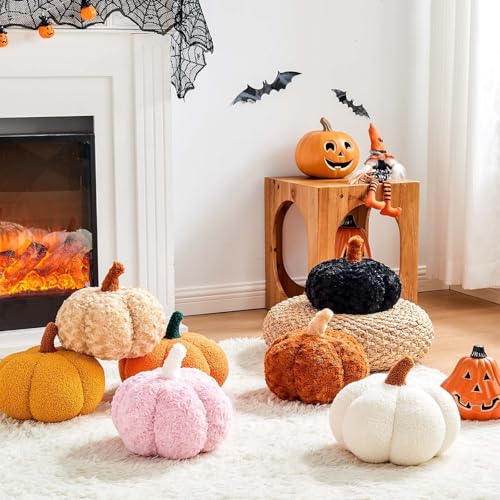 Ivory+Brown Pumpkin Pillow Set - 2 Decorative Fall Halloween Throw Pillows