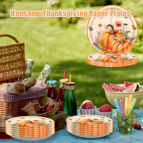 Fall Harvest Pumpkin & Maple Leaf Disposable Paper Plates - 16 Pack, 7 Inch Thanksgiving Party Dinnerware