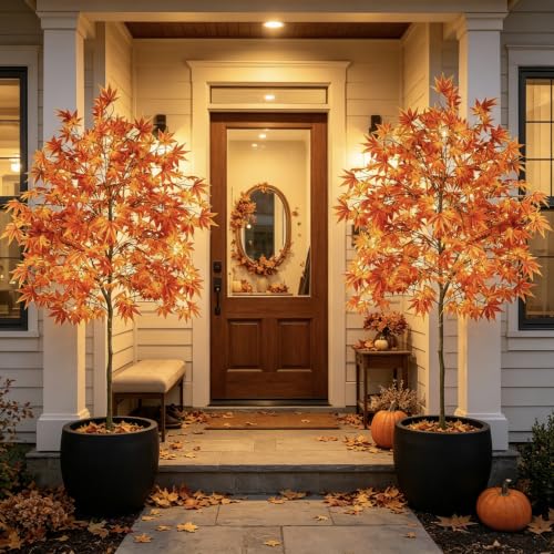 Lighted Faux Fall Maple Tree - 6.5FT Outdoor Decor with Yellow Leaves, 2-Pack