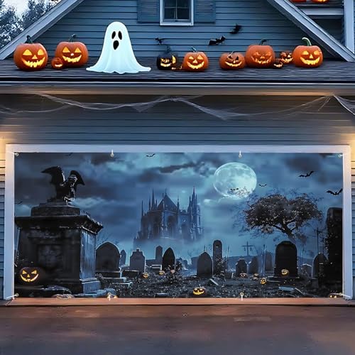 Halloween Garage Door Banner - Haunted Graveyard with Pumpkins, Bats & Full Moon - 6x13FT - Spooky Outdoor Decoration - Variation #3