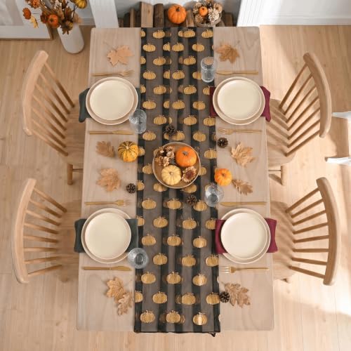 Fall Gauze Table Runner 120 Inch with Metallic Foil Pumpkin Black Gold - Artoid Mode