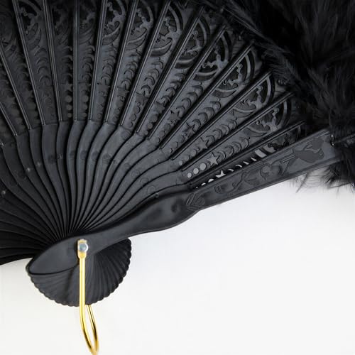 1920s Marabou Feather Folding Hand Fan - Black Green Vintage Flapper Accessory