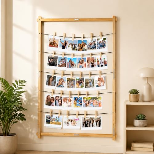 Wood Photo Display Board with Clips - Freestanding Collage Frame for Wedding Graduation Holiday
