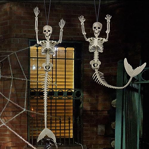 33-Inch Poseable Mermaid Skeleton Halloween Decoration - Hanging Spooky Scene Prop