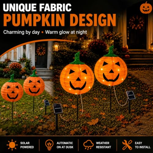 Solar Pumpkin Stake Light with 8 Modes - Halloween Yard Decor, Foldable Fabric Lantern, Metal Stand - Variation 4