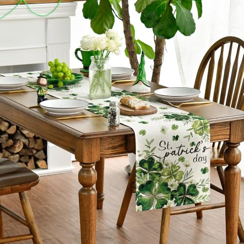13x90 Inch Shamrocks Floral Leaves Table Runner for St Patrick's Day Decor Beige