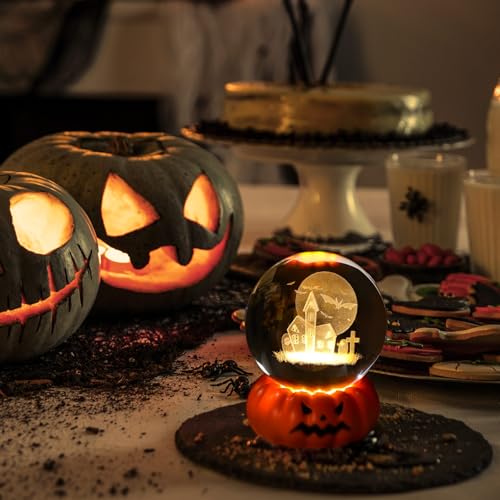 Halloween Glass Ball Night Light with 3D Haunted House & Pumpkin Base - Warm Light