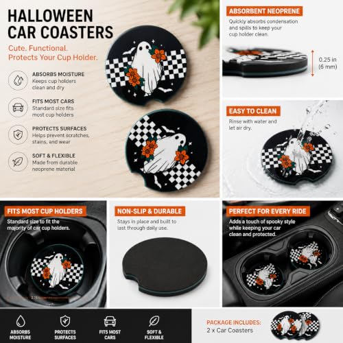 Halloween Car Coaster Set - Spooky Ghost & Bat Design, Absorbent Neoprene, Fits Most Vehicles