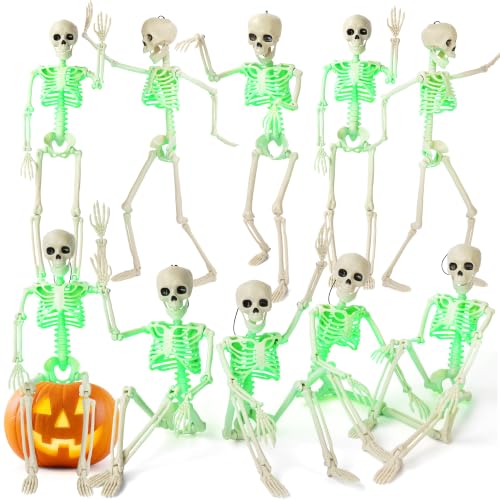 16-Inch Light Up Skeleton Halloween Decorations - 10 Pack Posable Full Body Props