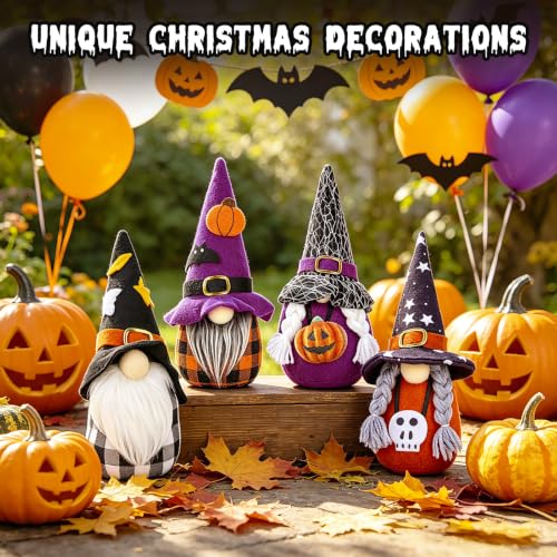 Halloween Gnome Decor Set - 4 Plush Hanging or Tabletop Gnomes for Fall & Holiday