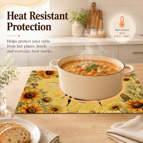 Farmhouse Bee Floral Linen Placemats Set of 6 - Waterproof Washable Table Mats