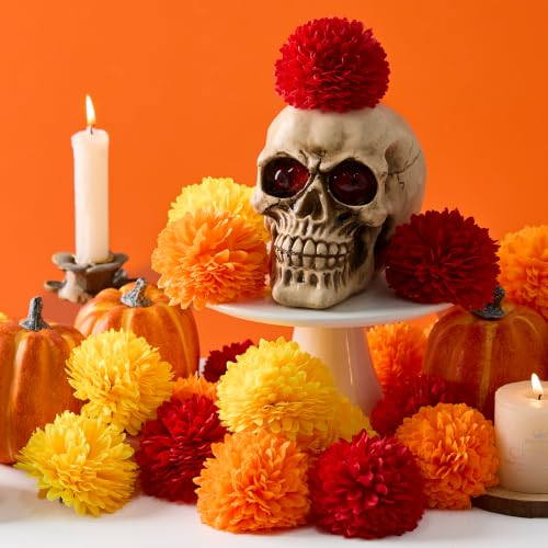 Artificial Marigold Flowers with Stems - Full & Fluffy 40 Pcs for Decor