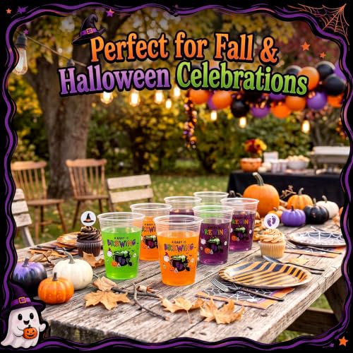 Halloween Baby Shower Cups - 50 Clear 12oz Plastic Cups with Spooky Cauldron & Ghost Design, Brewing Variation