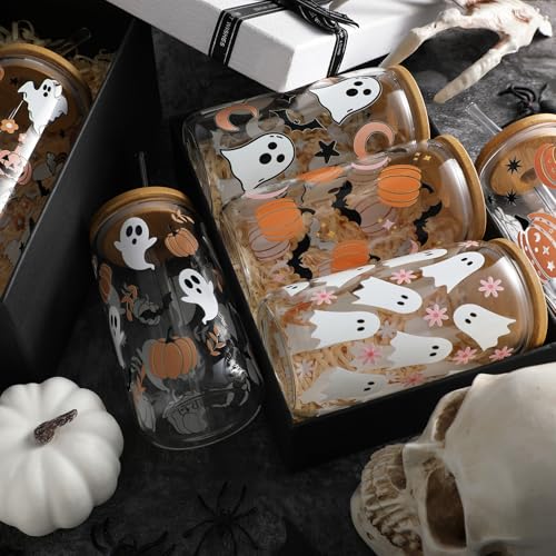 Halloween Ghost Glass Cups Set - 12 Pink Spooky 16oz Cups with Lids & Straws, Ghost Variation