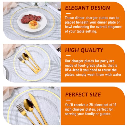 25 Pack 12-Inch Gold Trim Clear Plastic Charger Plates for Events and Weddings